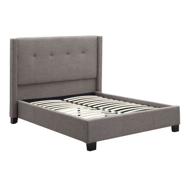 Adams Low Profile California King Bed, Piped Edges, Tufted Linen, Gray - Benzara