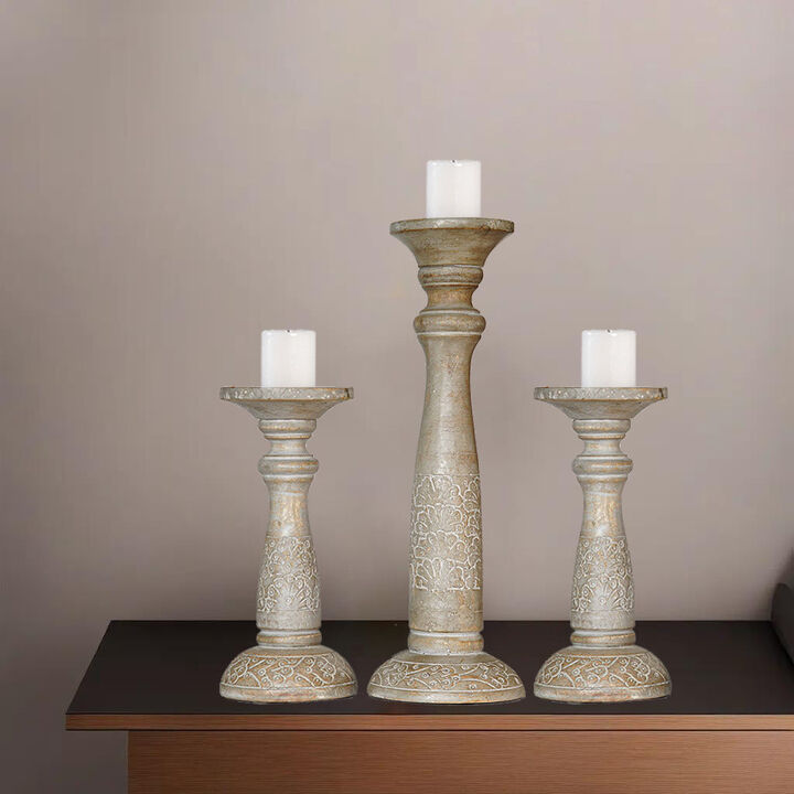 Traditional Gray Wash Eco-friendly Handmade Mango Wood Set Of Three 9",15" & 9" Pillar Candle Holder BBH Homes