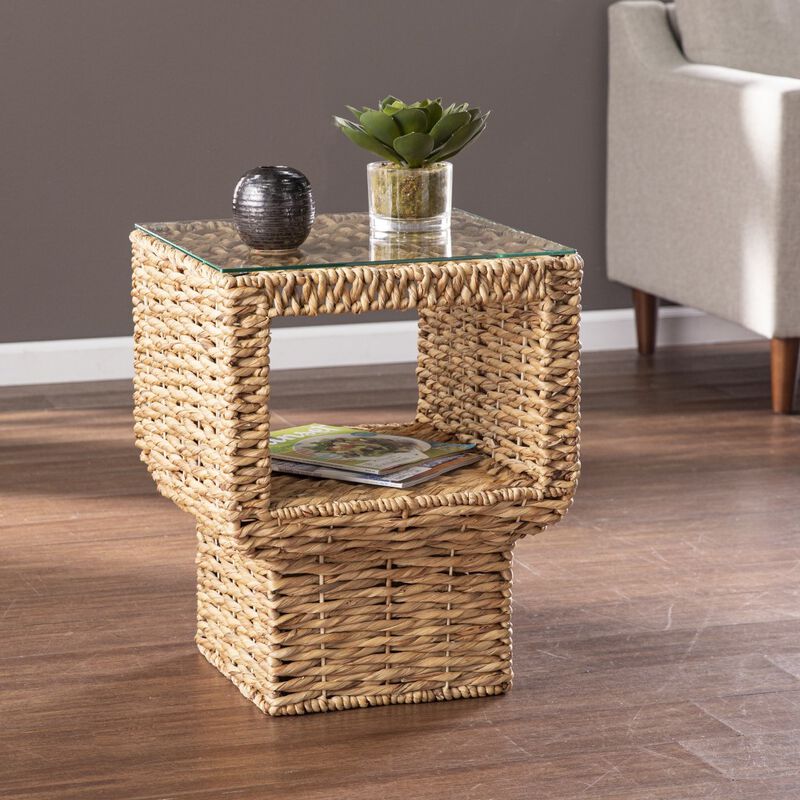 23"" Brown And Clear Glass And Rattan Wicker Square End Table
