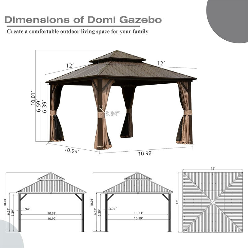 12' X 12' Hardtop Gazebo, Aluminum Metal Gazebo Withnized Steel Double Roof Canopy