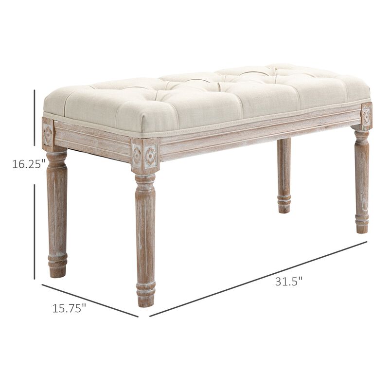 Beige Vintage Seat: 15.75" Tufted Ottoman with Distressed Wood Legs