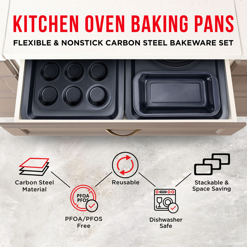 Baking Set – 6 Piece – Deluxe Non Stick Black Coating Inside and Outside – Carbon Steel Bakeware Set – PFOA PFOS and PTFE Free by Bakken