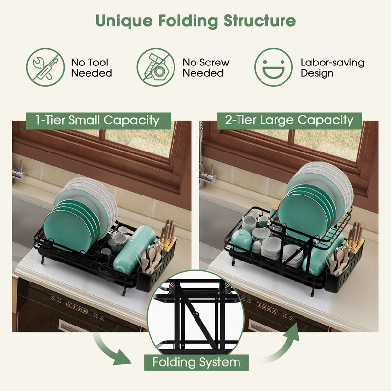 2-Tier Collapsible Dish Rack with Removable Drip Tray for Kitchen Organization and Drying