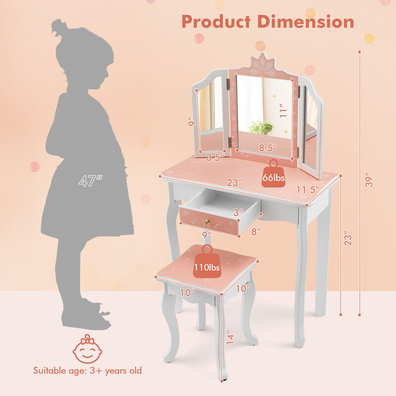 Princess Vanity Table and Chair Set with Tri-Folding Mirror and Snowflake Print