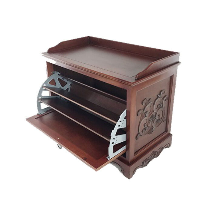 Engraved Wooden Shoe Cabinet with Drop Down Opening and Metal Hinges, Brown-Benzara