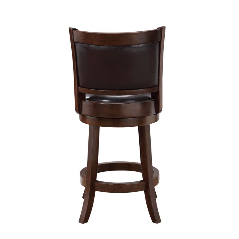 Pal 24 Inch Swivel Counter Stool, Solid Wood, Faux Leather, Cappuccino Brown - Benzara