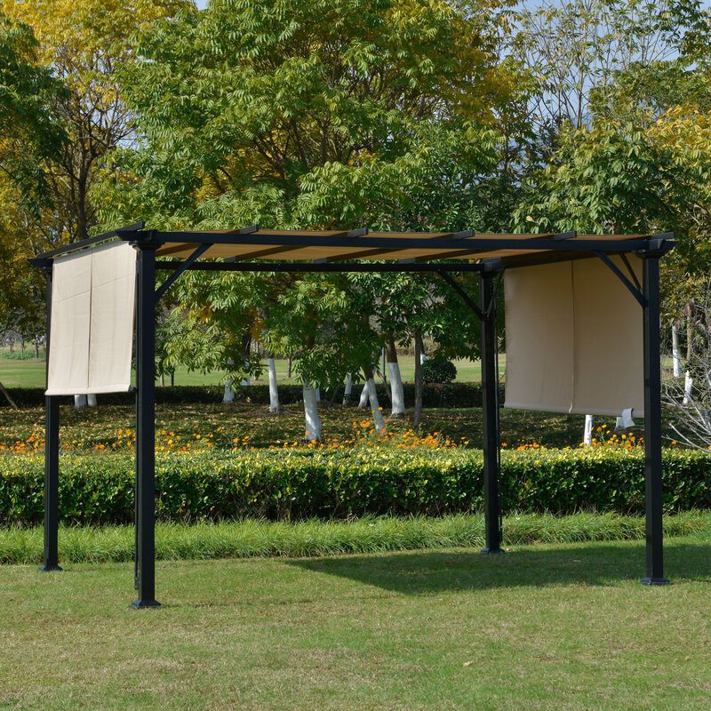 Beige Backyard Canopy: 12x10 Retractable Pergola with UV Protection