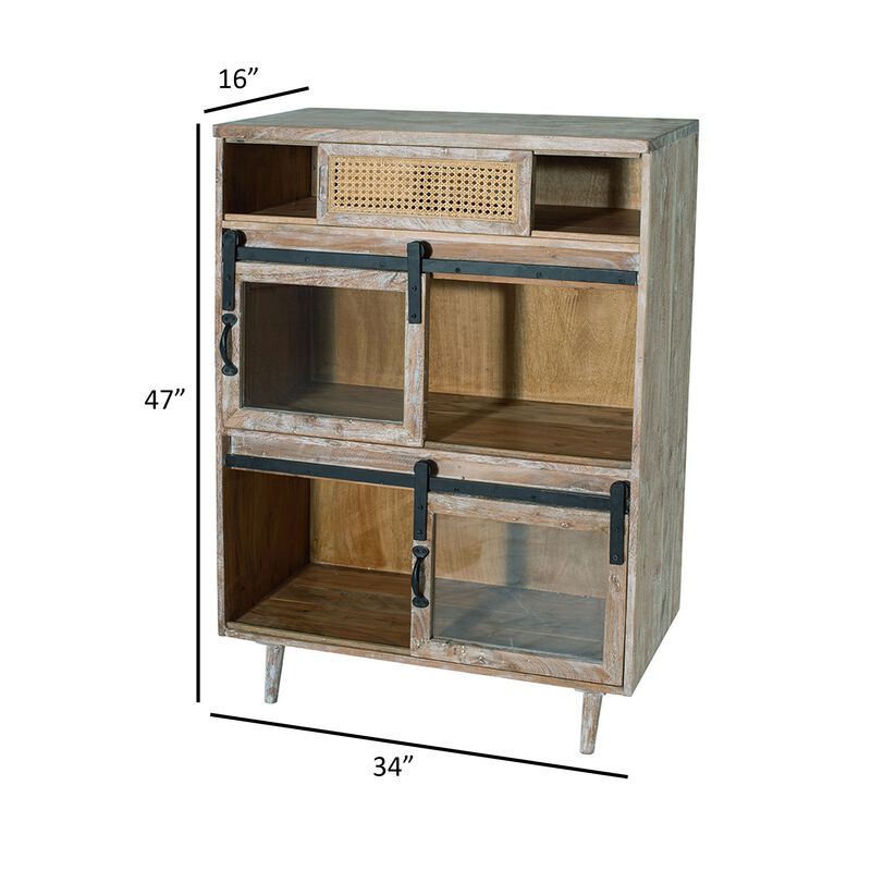 47 Inch Sideboard Server Cabinet, Sliding Doors, Iron, Sandblast White Wood - Benzara