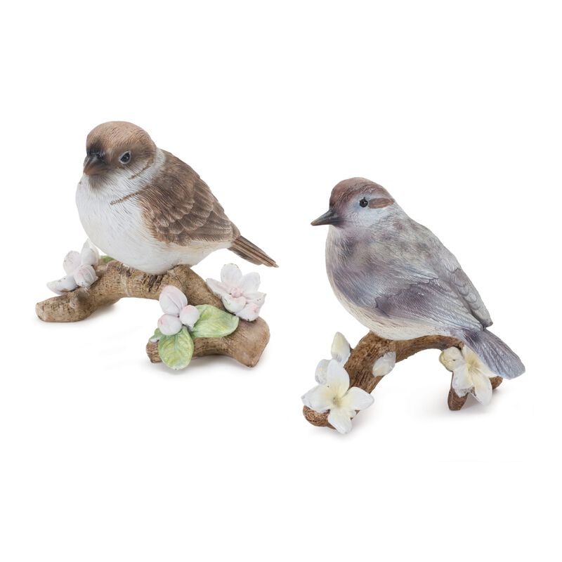 Set of 6 Resin Birds on Branch for Holiday and Home Decor