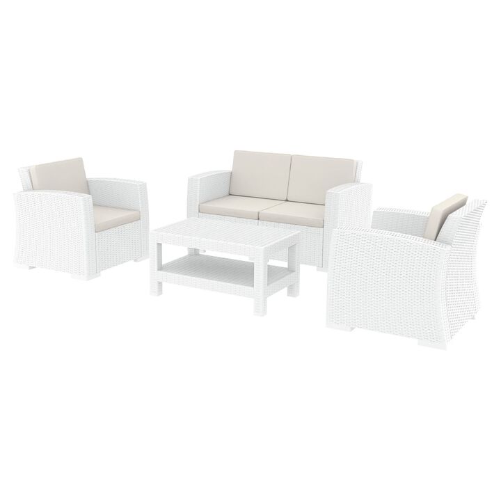 4 Piece Brown Outdoor Patio Conversation Set with Natural Sunbrella Cushion 55"