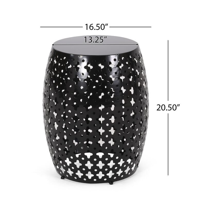 Miami Outdoor End Table, Cutout Design, Round 17 Inch, Black Iron - Benzara