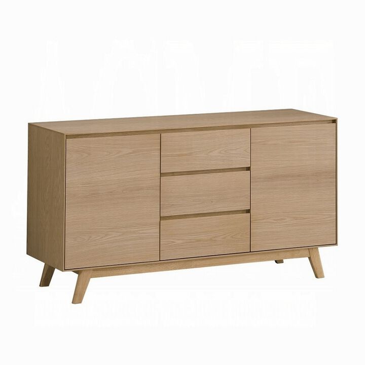 Semi Sideboard Buffet Console, 3 Drawers, 2 Cabinets, Oak Brown Wood - Benzara