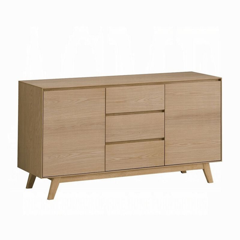 Semi Sideboard Buffet Console, 3 Drawers, 2 Cabinets, Oak Brown Wood - Benzara
