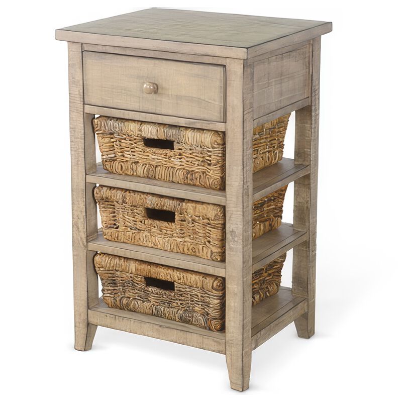 Rena End Table, 3 Natural Rattan Storage Baskets, 20 Inch Brown Wood - Benzara