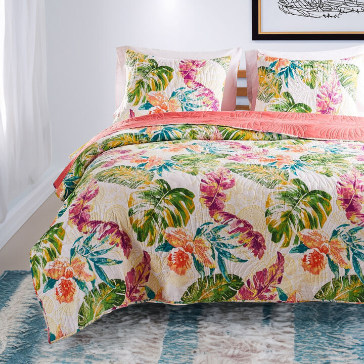Aulne 2 Piece Twin Quilt Set with Leaf Print, Multicolor - Benzara