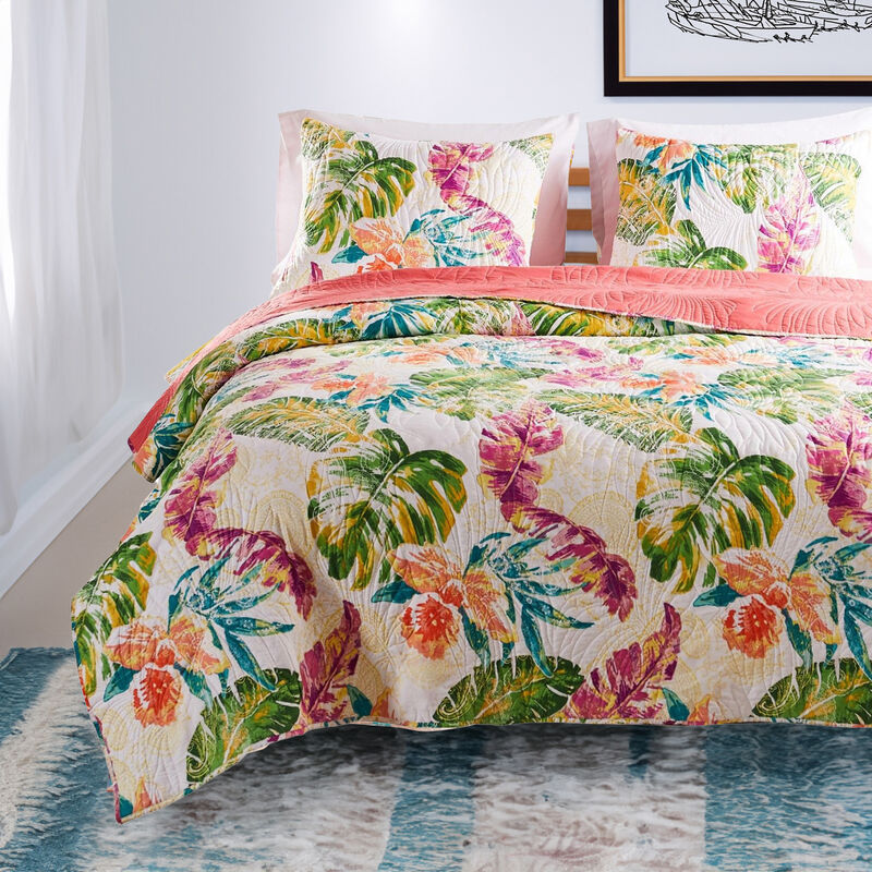 Aulne 2 Piece Twin Quilt Set with Leaf Print, Multicolor - Benzara