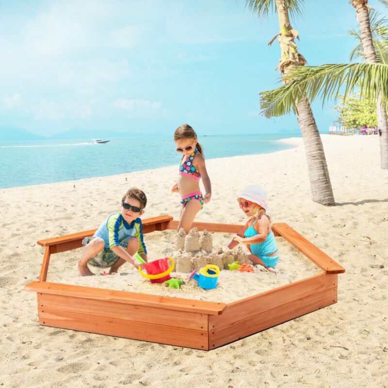 Hivvago Hexagon Wooden Cedar Sand Box with Seat Boards