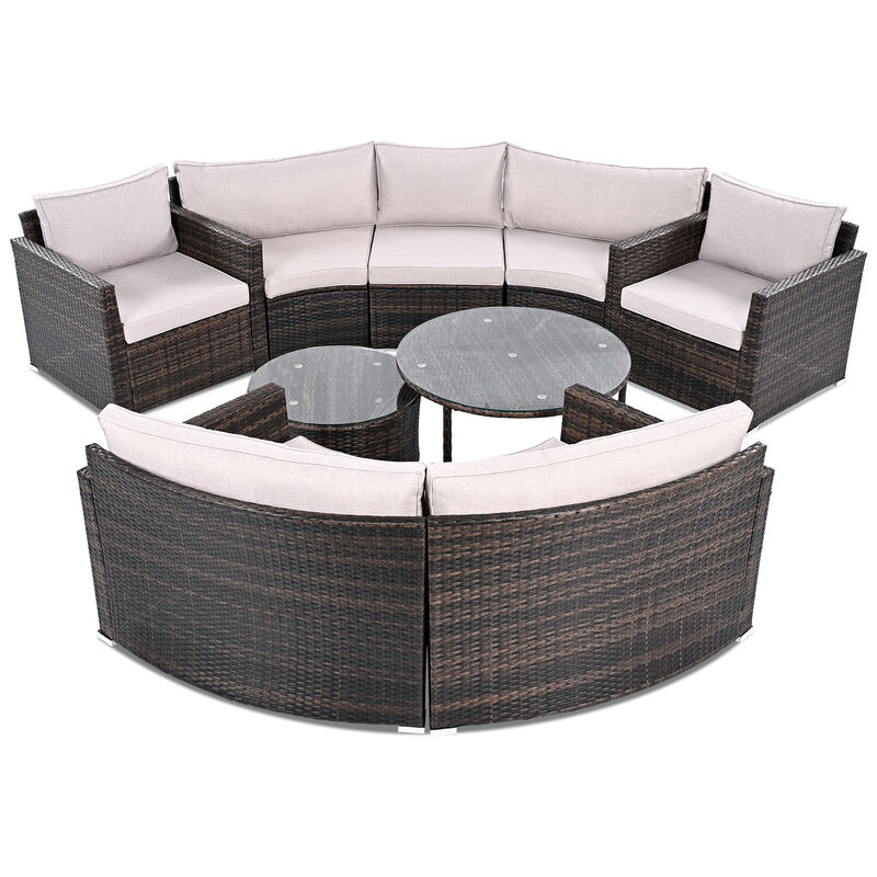 Whisen Modern Style Outdoor Half-moon Patio Sofa Set, 9-Pieces Round Sofa Set - Beige