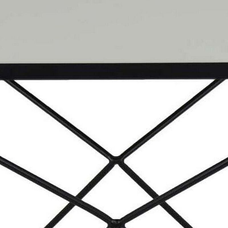 21 Inch Plant Stand Side Table, Mirror Top, Black Geometric Metal Frame - Benzara
