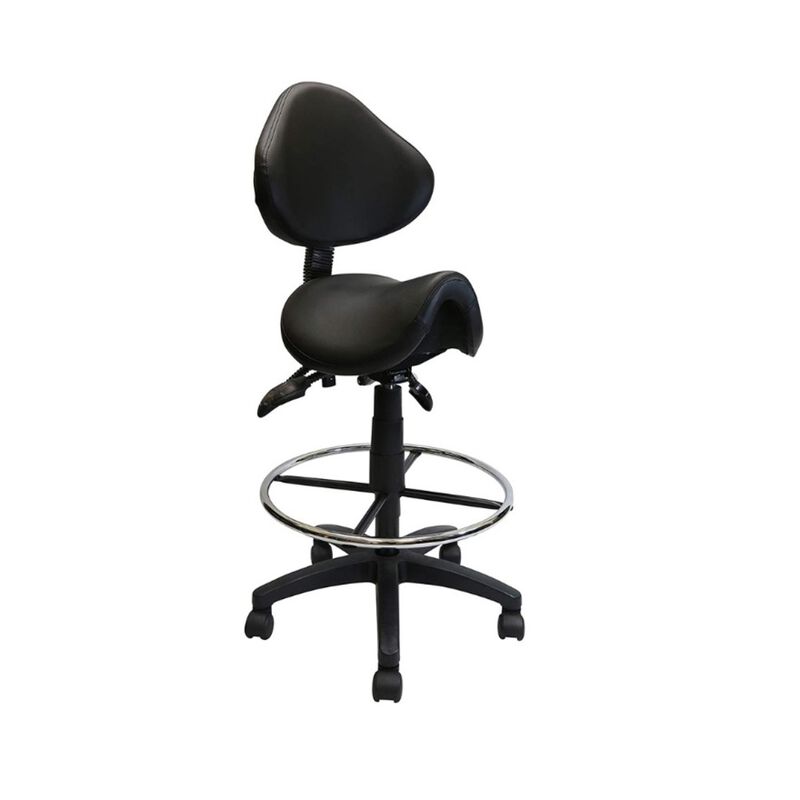 Nicer Furniture Adjustable Saddle Stool with Backrest, Black PU Leather, with Footring