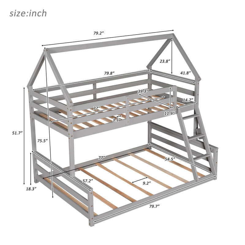 Twin Over Full House Bunk Bed with Built-in Ladder