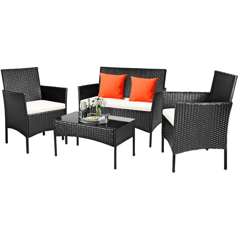 4 Pieces Patio Rattan Cushioned Conversation Sets with Tempered Glass Coffee Table