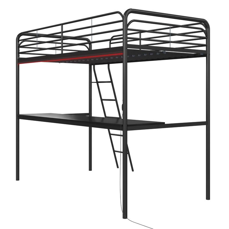 Ntense Contra Gaming Loft Bed with Desk and LED Lights, Twin, Black