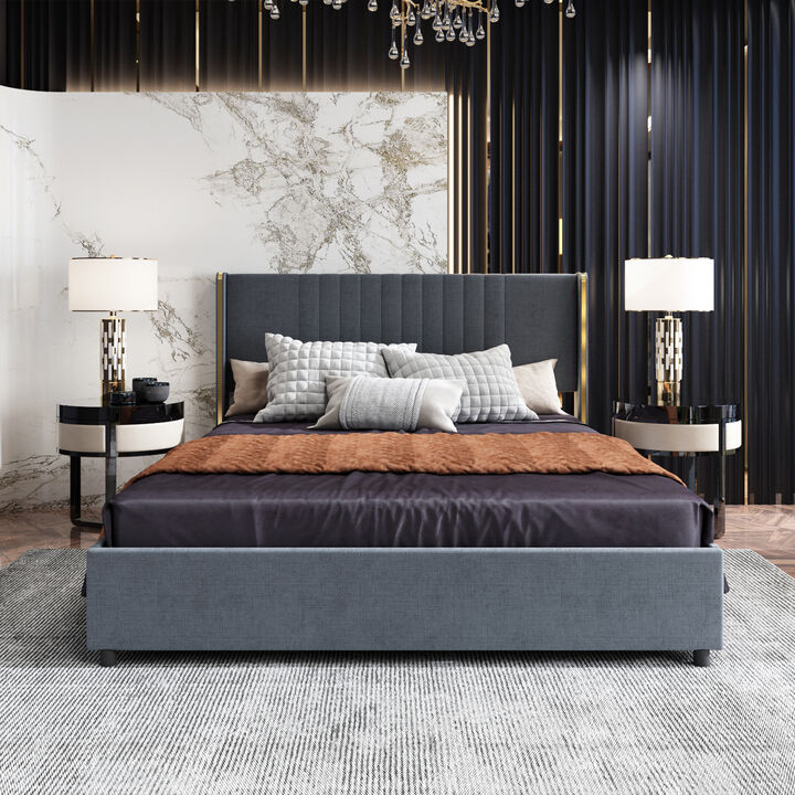 Gray Wood Frame Queen Size Bed Platform Bed Panel Bed With 4-Drawers, Color-Changing LED Lights, Bluetooth