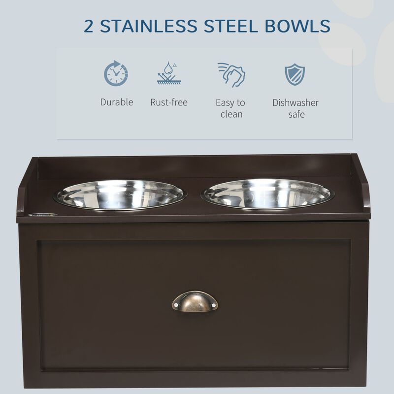 Brown Pet Feeder: Large Elevated Dog Bowls with 21L Storage Drawer