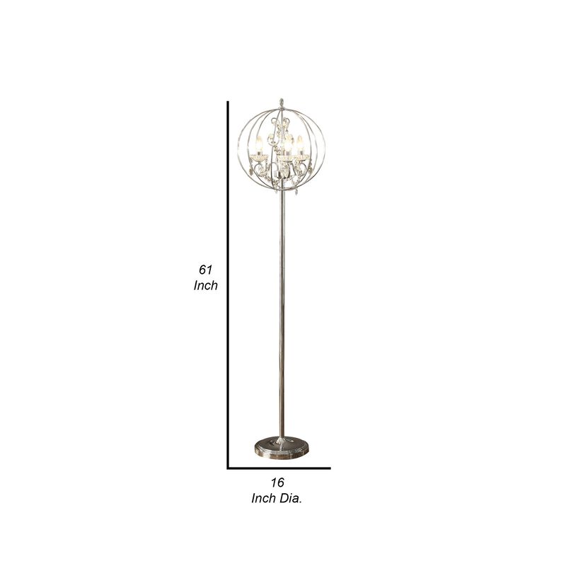 Shine 61 Inch Floor Lamp, Chandelier Style, Crystal and Metal, Chrome-Benzara