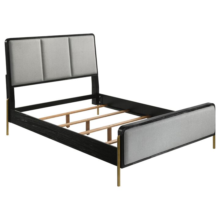 Fij Queen Size Bed, 3 Block Panel Headboard, Slim Legs, Gray Upholstery - Benzara