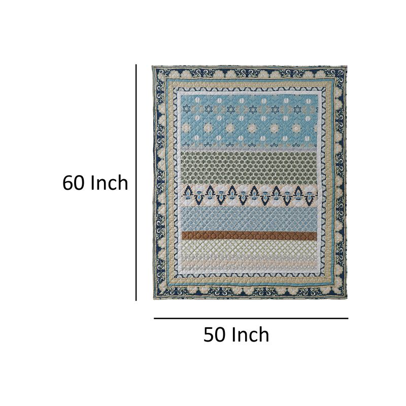 Ello 50 x 60 Inch Quilted Throw Blanket, Bohemian Print, Multicolor Blue