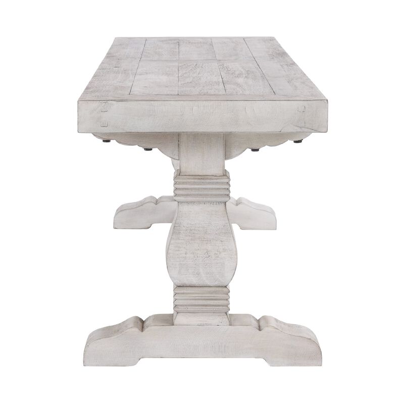 Kai 66 Inch Reclaimed Pine Dining Bench, Turned Pedestals, Antique White-Benzara