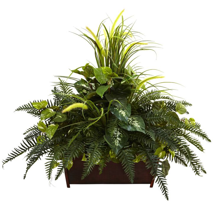 Hivvago Mixed Grass & River Fern w/Wood Planter