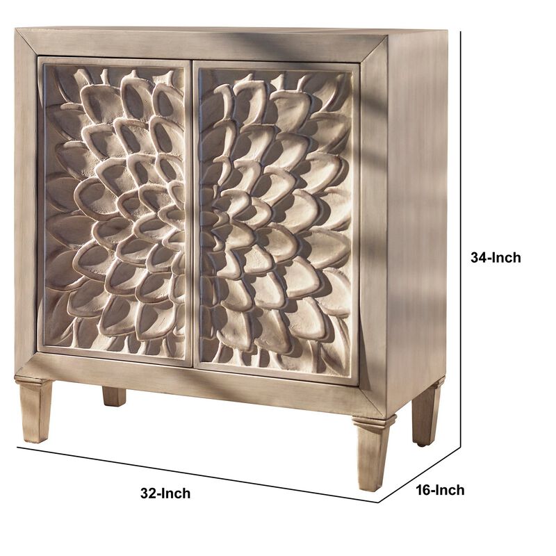 2 Door Wooden Accent Cabinet with Floral Carving, Distressed Whitewash-Benzara