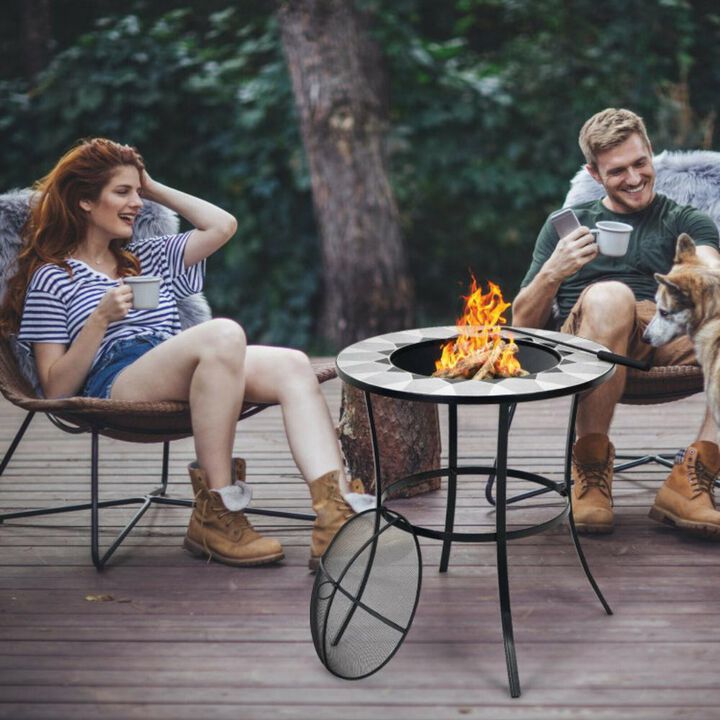Hivvago 23.5 Inches Round Fire Pit Table with Mesh Cover and Fire Poker