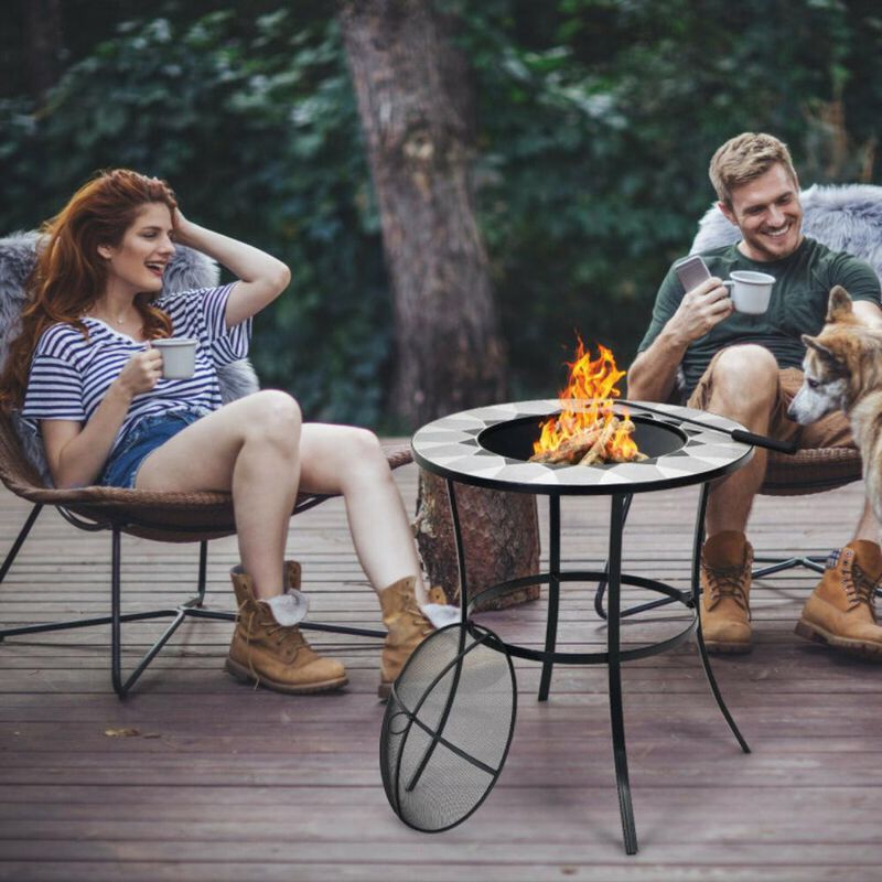 Hivvago 23.5 Inches Round Fire Pit Table with Mesh Cover and Fire Poker