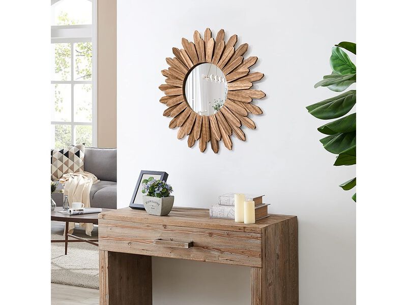Honiway Mirror Wall Decor 21 inch Rustic Wood Boho Aesthetic Mirror