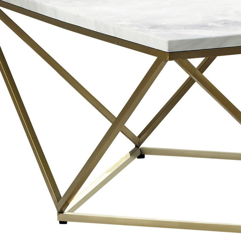 36 Inch Modern Square Coffee Table, White Faux Marble Top, Slender Gold Base-Benzara