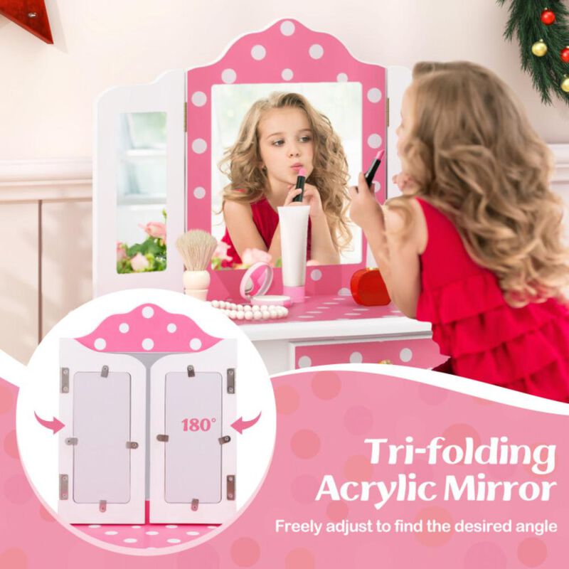 Hivvago Princess Pretend Play Makeup Dressing Table with Cute Polka Dot Print-Pink