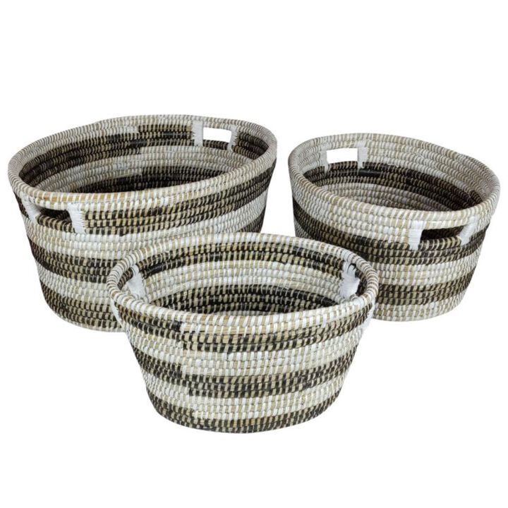 Hivvago Natural Canes Grass Baskets Stackable Storage Bins Set of 3 with Hollowed Handles