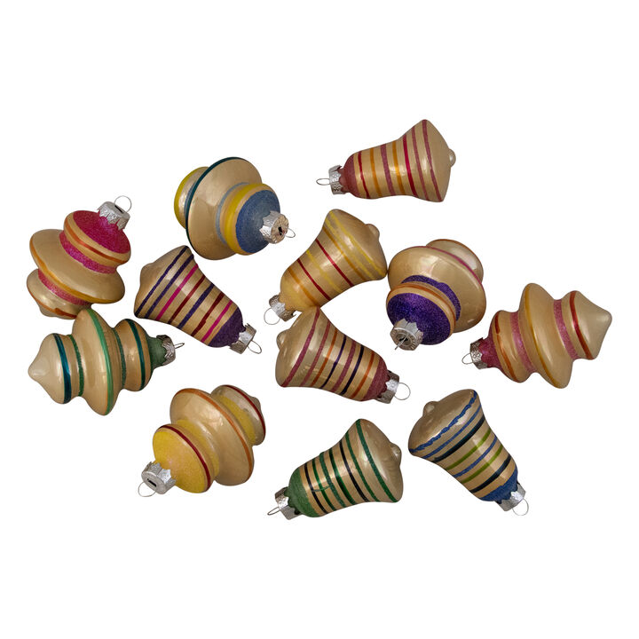 12ct Purple 2-Finish Striped Glass Christmas Finial and Bell Ornaments 2.75"