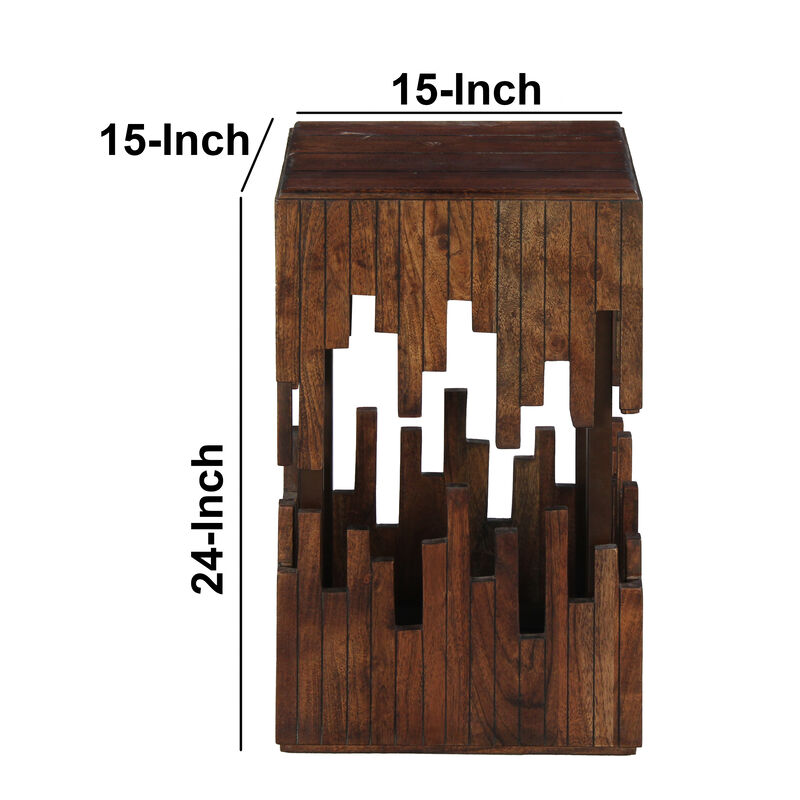 24 Inch Accent Side End Table, Brown Acacia Wood, Slatted Square Top, Handcrafted Abstract Silhouette, Black Iron - Benzara