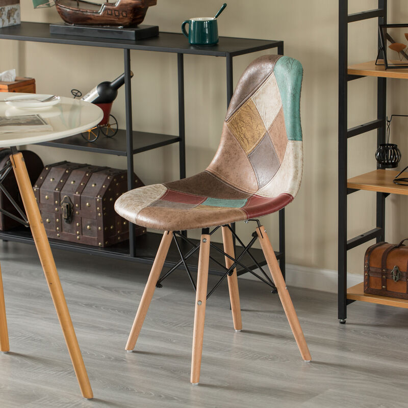 Modern Fabric Patchwork Chair with Leather and Suede Like Tones with Wooden Legs for Kitchen, Dining Room, Entryway, Living Room, Set of 2