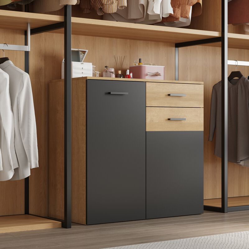 FUFU&GAGA Wardrobe with Storage Cabinet, Adjustable Shelves & Drawers, Modern Farmhouse Closet for Bedroom, Entryway, Home, (35.4" W x 34.1" H x 17.7" D), Rustic Oak & Black