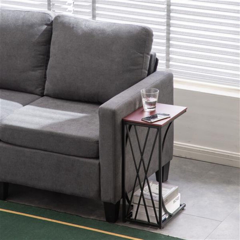 C-Type Coffee Table with Cross Line Brown Desktop, Modern Sofa Table for Living Room