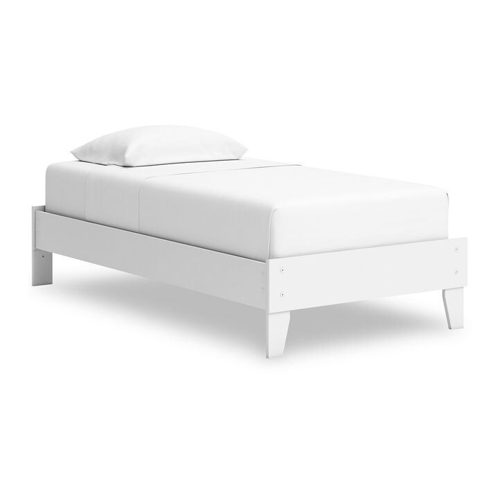 Kally Twin Platform Bed, Matte White Wood, Low Profile Tapered Legs - Benzara