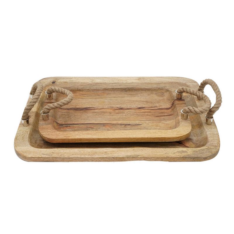 Set of 2 Mango Wood Trays, Twisted Jute Handles, Rustic Brown Texturing - Benzara