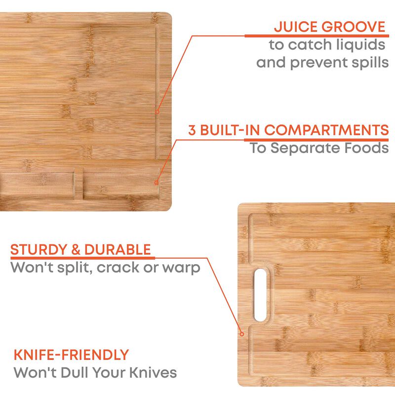 Extra Large Bamboo Cutting Board - 17x 12.5 inch Wood Cutting Board for Meat, Cheese, Veggies - Wood Serving Tray with Juice Groove and 3 Compartments