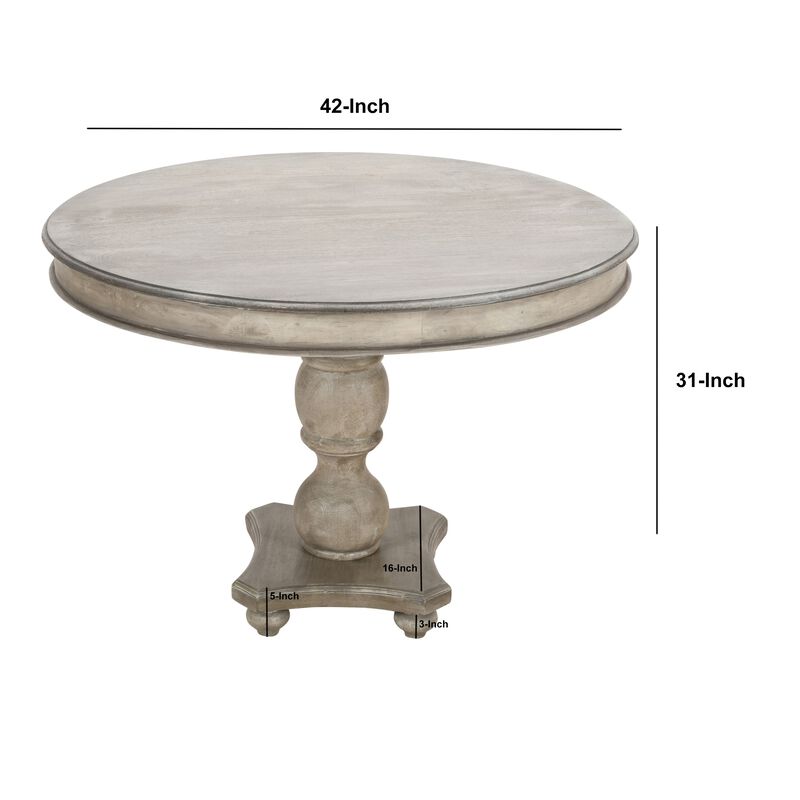 42 Inch Handcrafted Mango Wood Dining Table, Pedestal Base, Round Molded Top, Washed White, Gray-Benzara